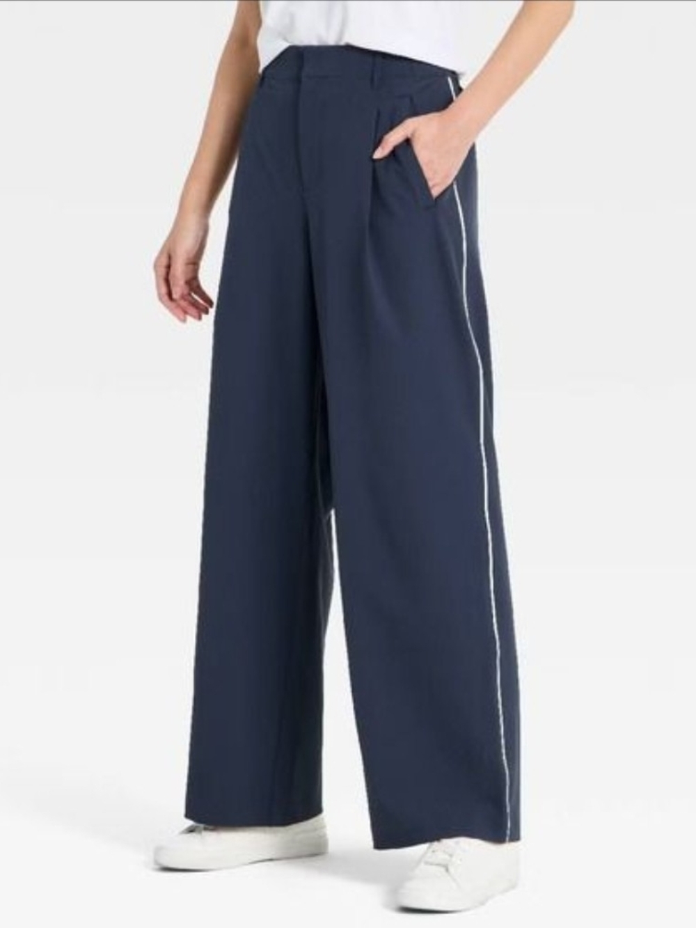 all in motion Navy Wide-Leg Pants with White Side Stripe